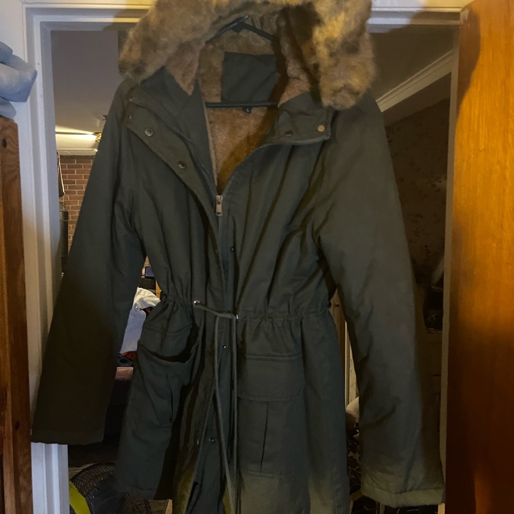 Women's Green Parka Coat with Faux Fur Hood